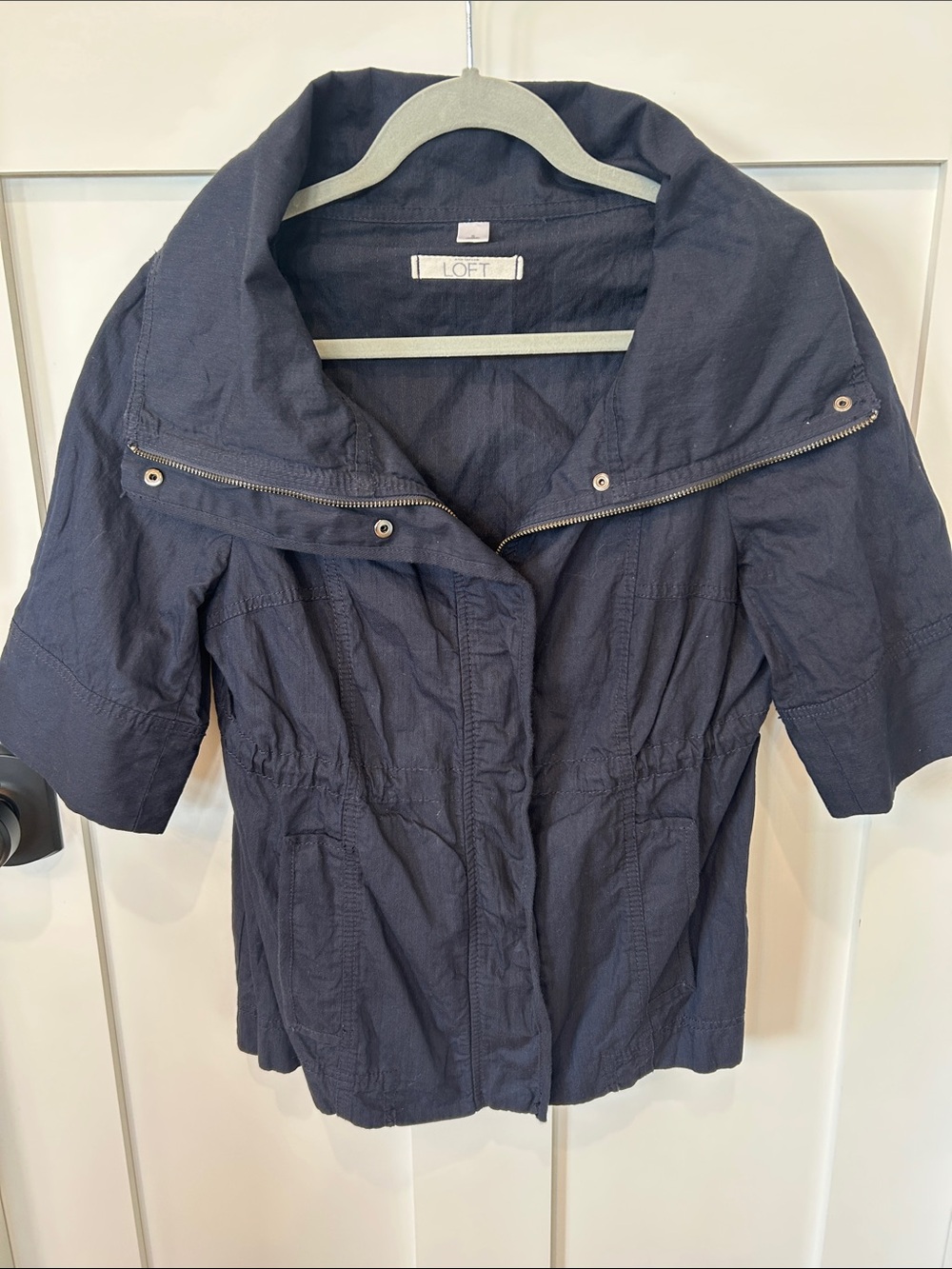 LOFT Navy Short-Sleeve Utility Jacket with Zip Collar (Size Small)